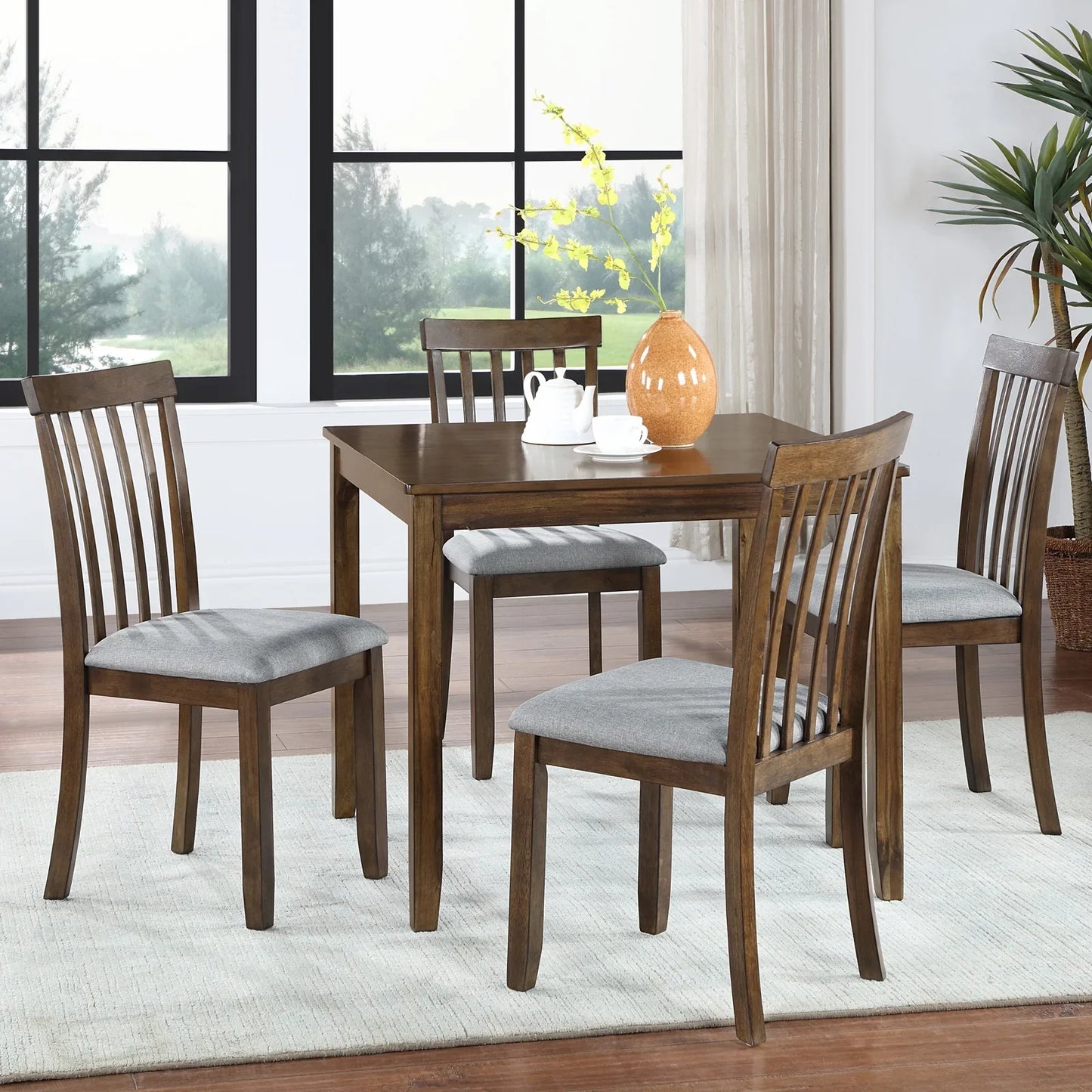 PORKISS Solid Wood Dining Table Set for 4, 5 Piece Dining Room Set with 1 Table 4 Upholstered Chairs, Walnut