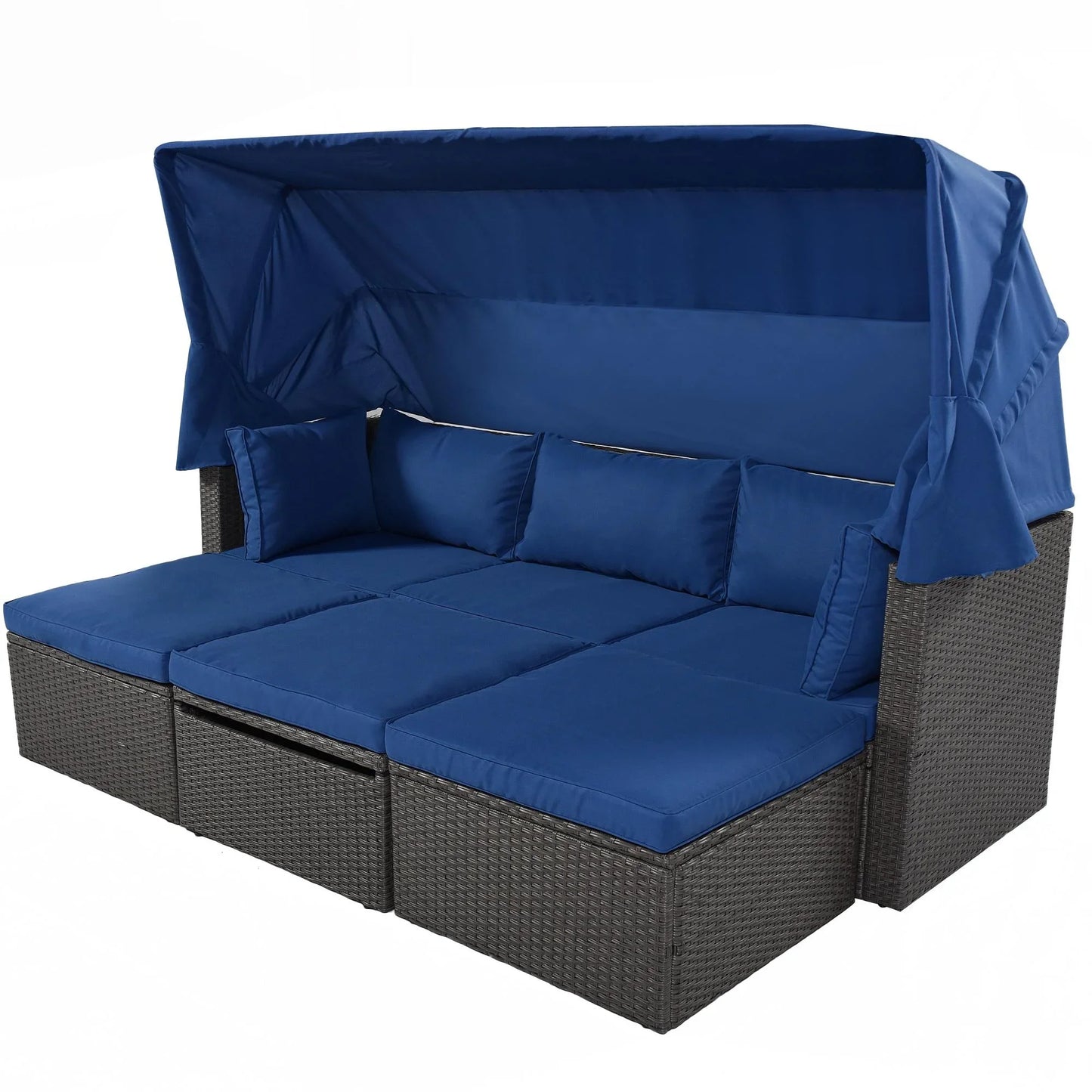Outdoor Daybed with Canopy, Patio Sectional Furniture Set with Lifting Table Thick Cushions Pillows, Retractable Canopy Conversation Sofa Set with Side Table, Blue