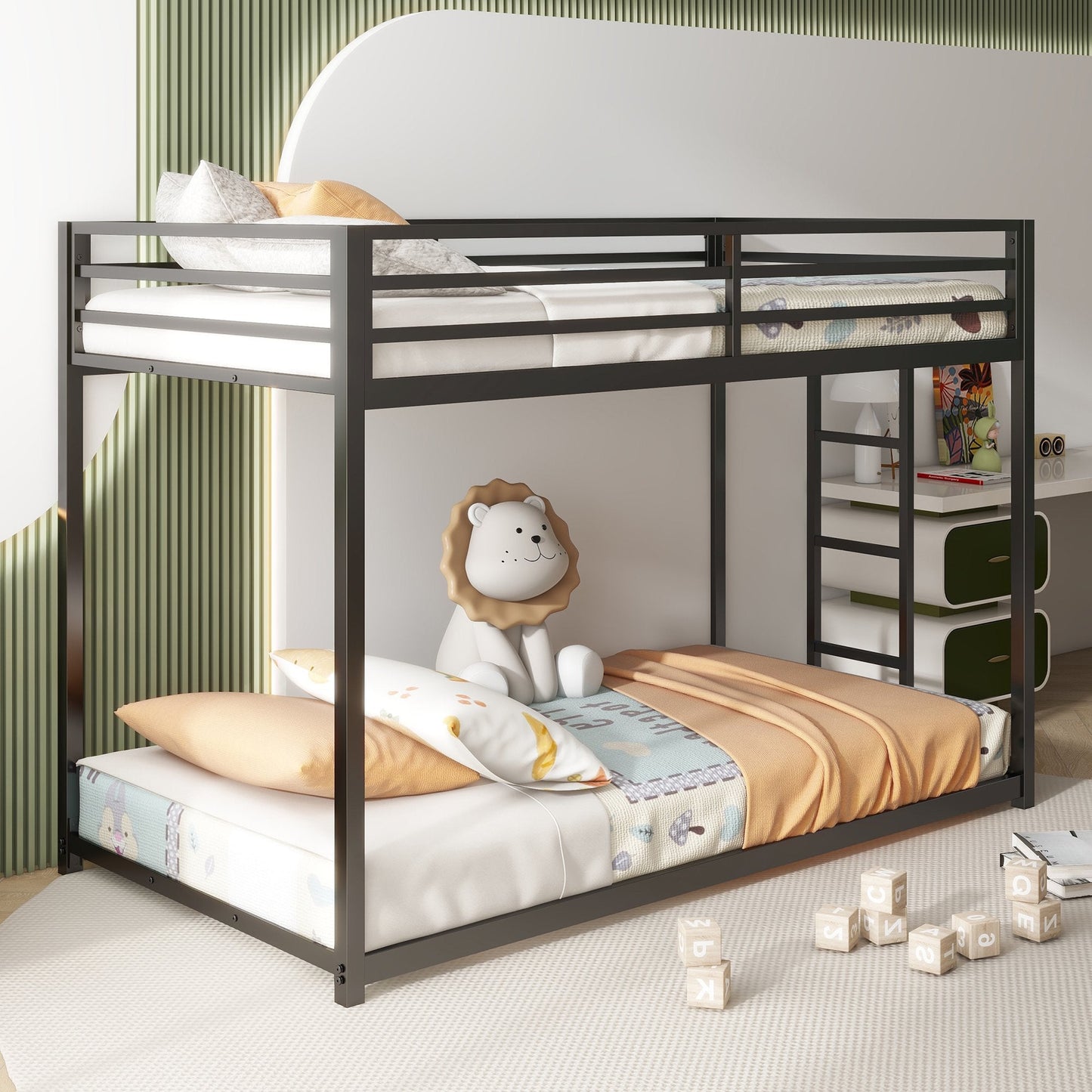 Sesslife Metal Twin Over Twin Bunk Beds, Heavy Duty Bed Frame with Ladder and Safety Full-Length Guardrails, Low Profile Junior Bunk Bed for Kids Teens Adults, Noise-Free, No Box Spring Needed, Black