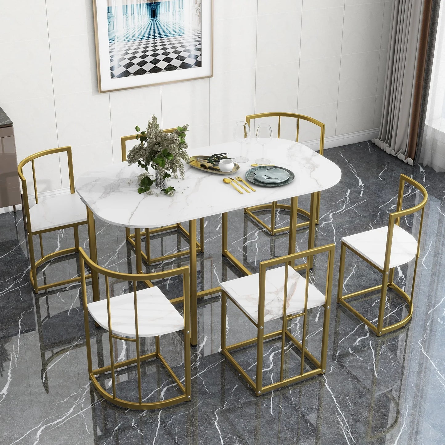 Paproos Dining Table Set for 6, 7 Piece Faux Marble Dining Room Table and Chairs Set, Compact Kitchen Table Set, Faux Marble Tabletop & Metal Frame, Modern Dinette Set for Breakfast Nook, White&Gold