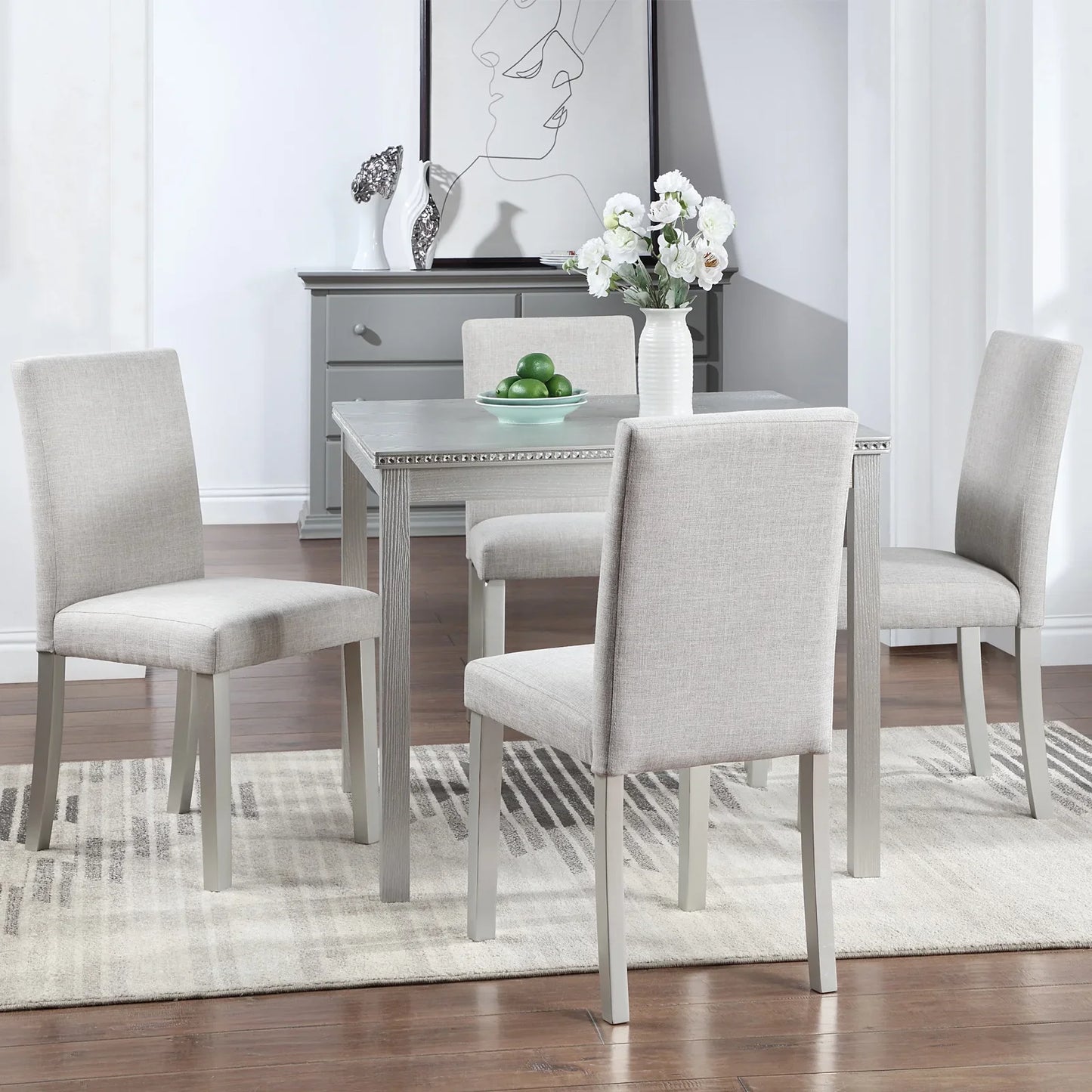 PORKISS Dining Table Set for 4, Dining Room Set with 1 Square Table 4 Upholstered Chairs, Gray