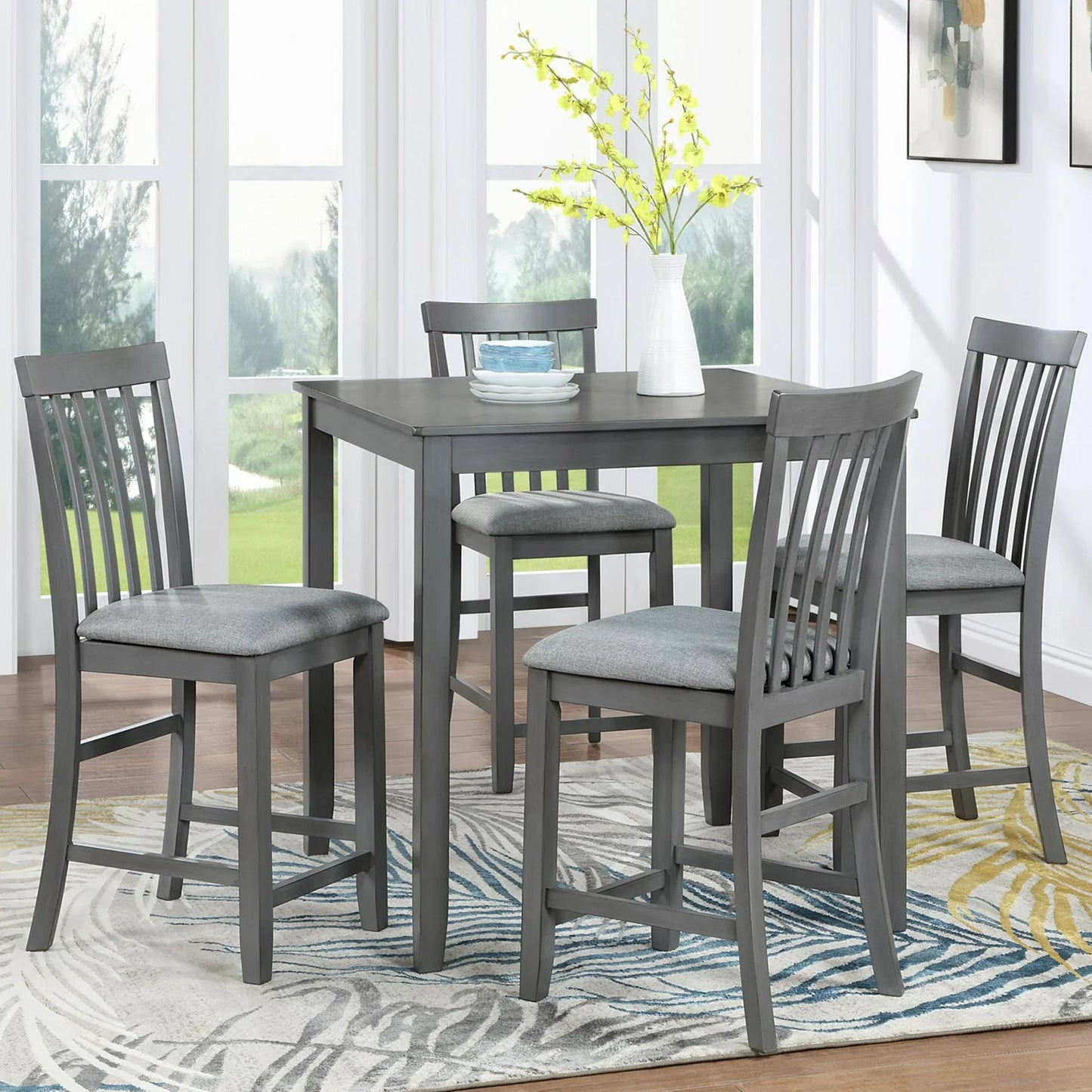 Sesslife 5 Piece Wooden Counter Height Dining Set, Square Table with 4 Upholstered Chairs for Small Space, Gray