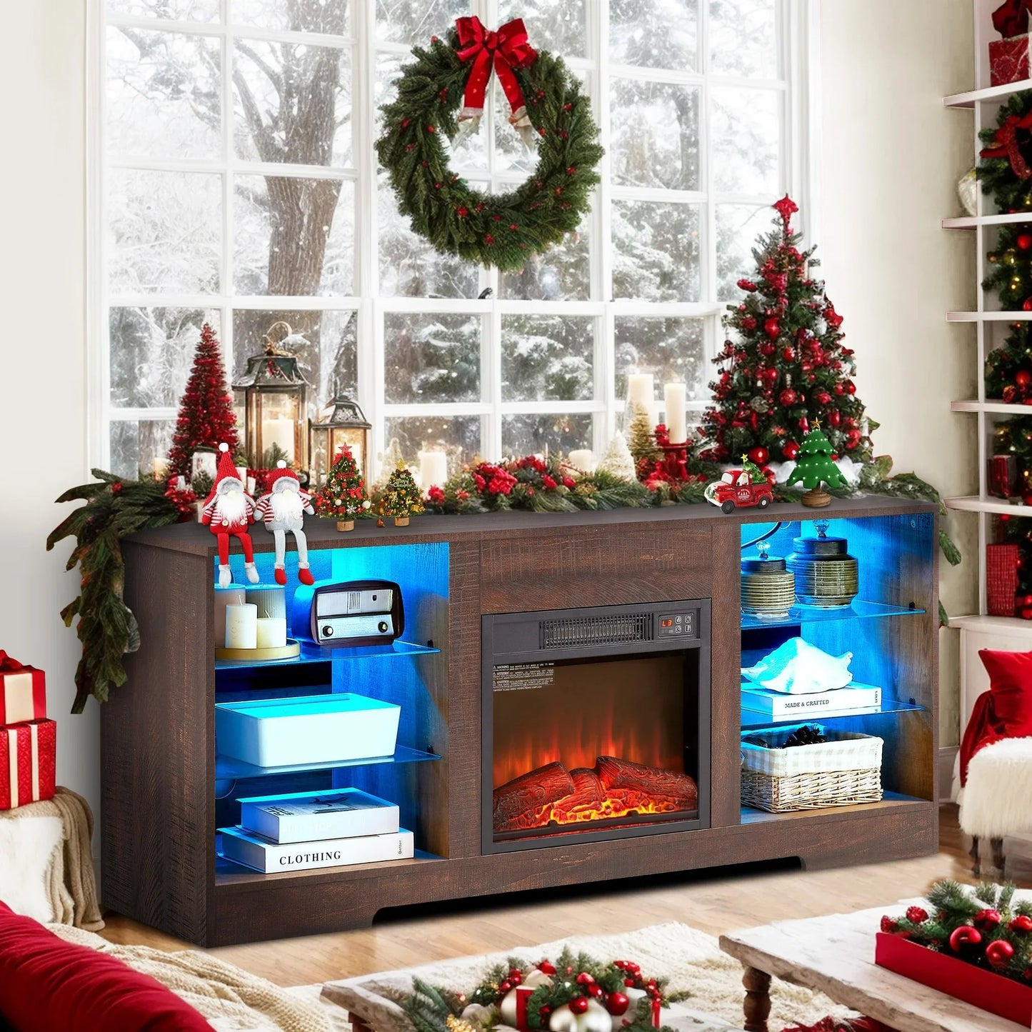 Sesslife Fireplace TV Stand with LED Light for 65 Inch TV, Farmhouse TV Console with Electric Fireplace, Console Entertainment Center Television Table with Charging Station for Living Room, Brown