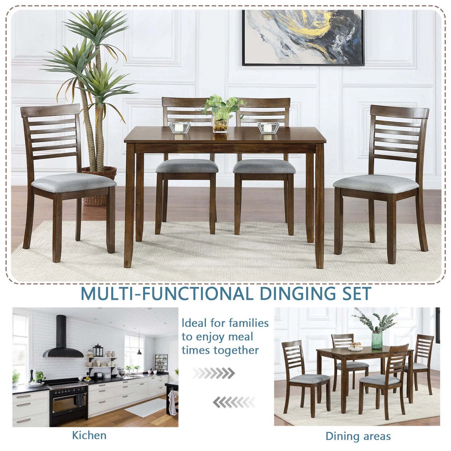 Sesslife 5 Piece Dining Set with One Rectangle Table and 4 Upholstered Chairs for 4 Persons, Dining Room Table Set for Small Place(Table+4 Chairs)