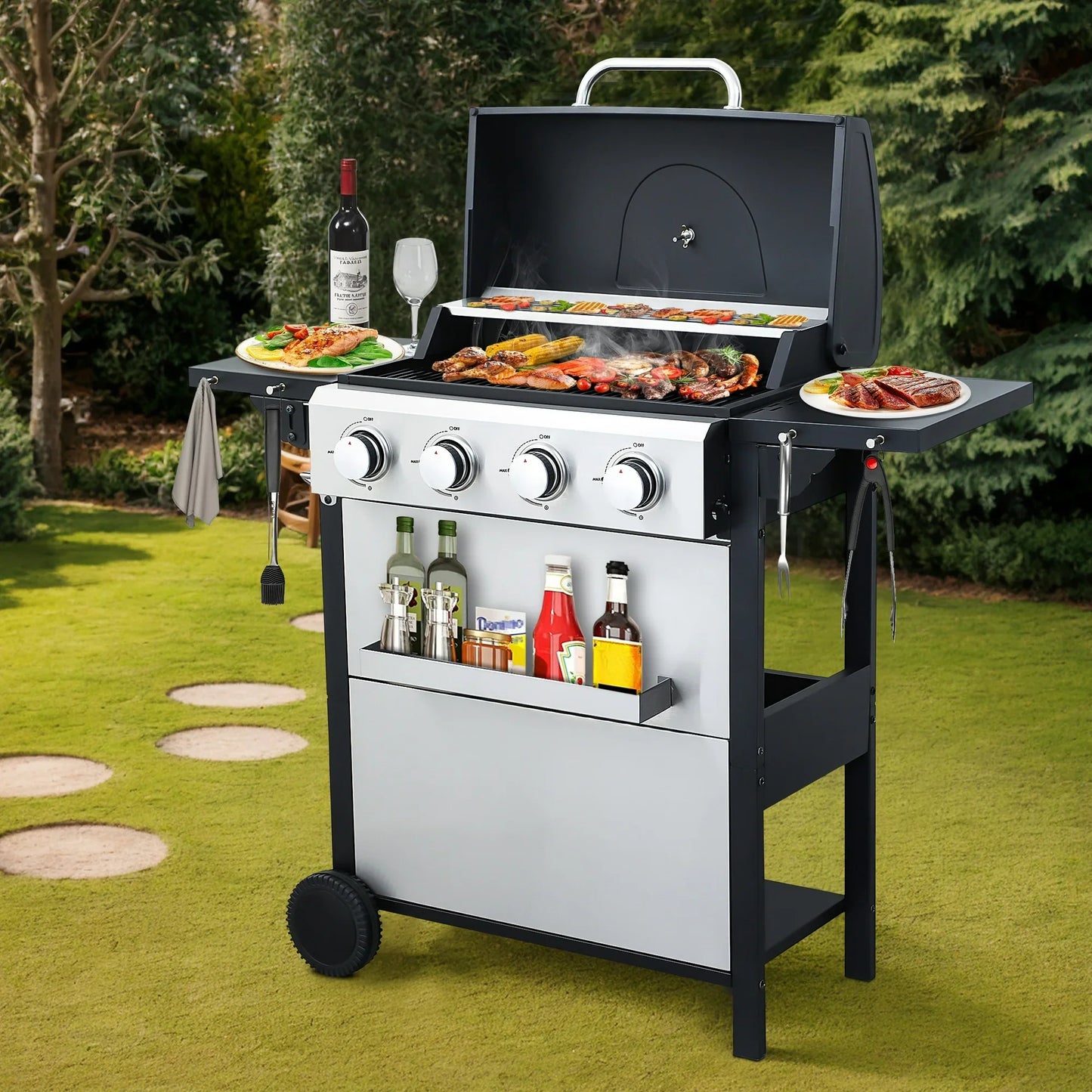 SEGMART 4 Burner BBQ Propane Gas Grill, Stainless Steel 34,200 BTU Patio Garden Barbecue Grill with Folding Side Tables, Hanging Basket & Thermometer, Perfect for Camping, Outdoor Cooking