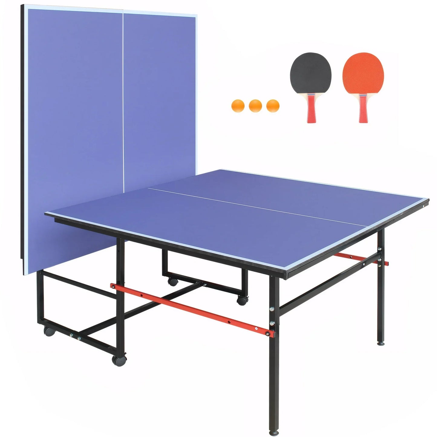 8ft Midsize Outdoor Ping Pong Table Set, SEGMART Foldable Tennis Table with Net, 2 Ping Pong Paddles, 3 Balls for Adults and Kids, Portable Table for Indoor Outdoor Game, Blue