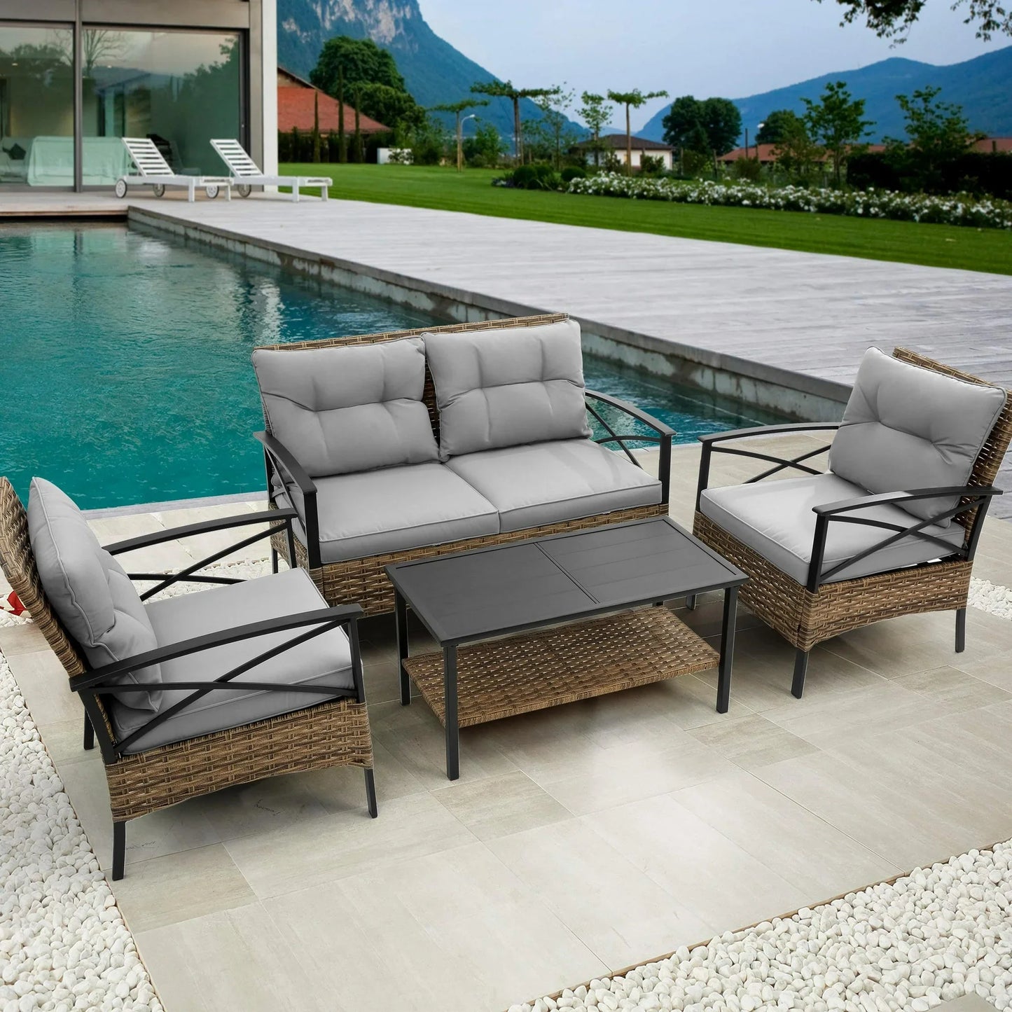 Patio Sofa Set, 4 Pieces Outdoor Sectional Furniture, All-Weather PE Rattan Wicker Patio Conversation Set, Cushioned Sofa Set with Coffee Table for Patio Garden Poolside Deck