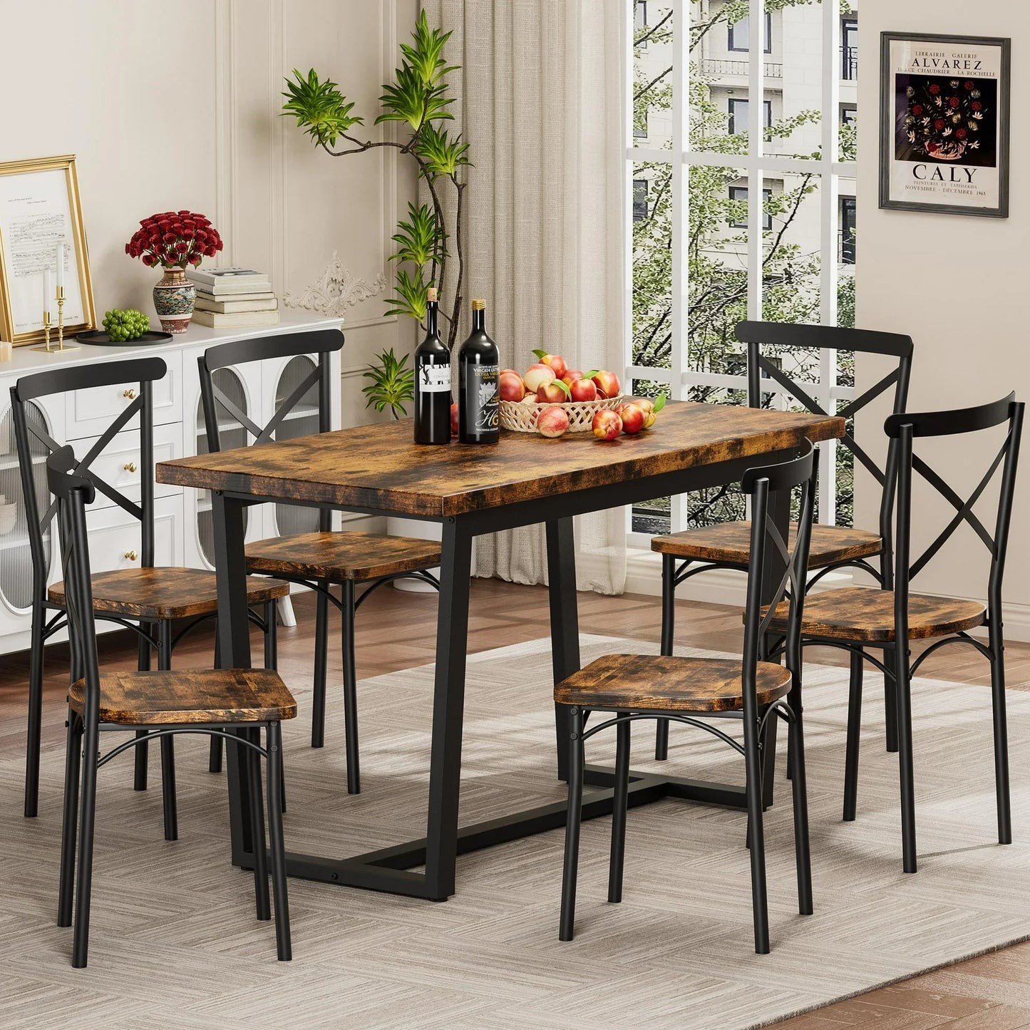 SESSLIFE 7 Pieces Dining Table Set, Modern Kitchen Wood Table and 6 Chairs for Breakfast Small Spaces, Brown