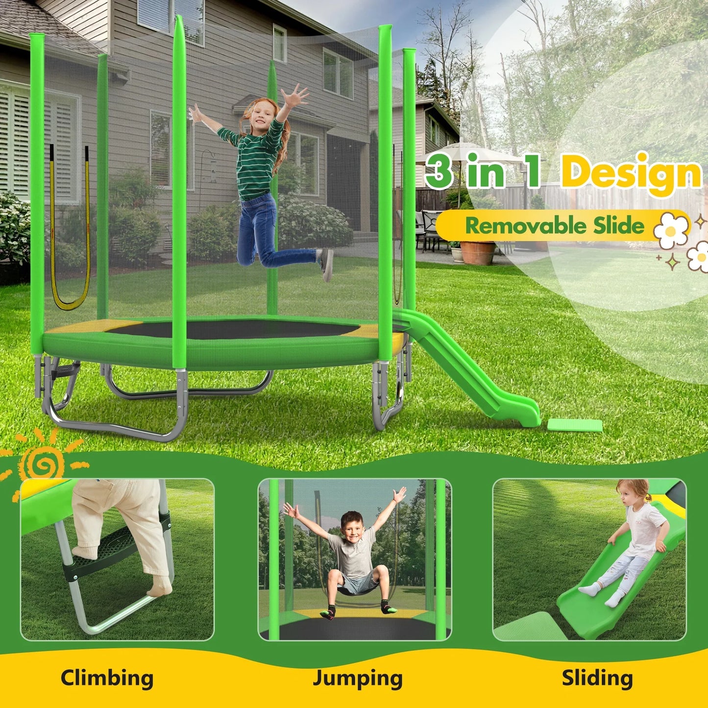 7FT Trampoline for Kids with Safety Enclosure Net, SEGMART Toddler Trampoline with Removable Slide, Upgrade Recreational Trampoline with Jumping Mat for Indoor Outdoor Backyard, Green