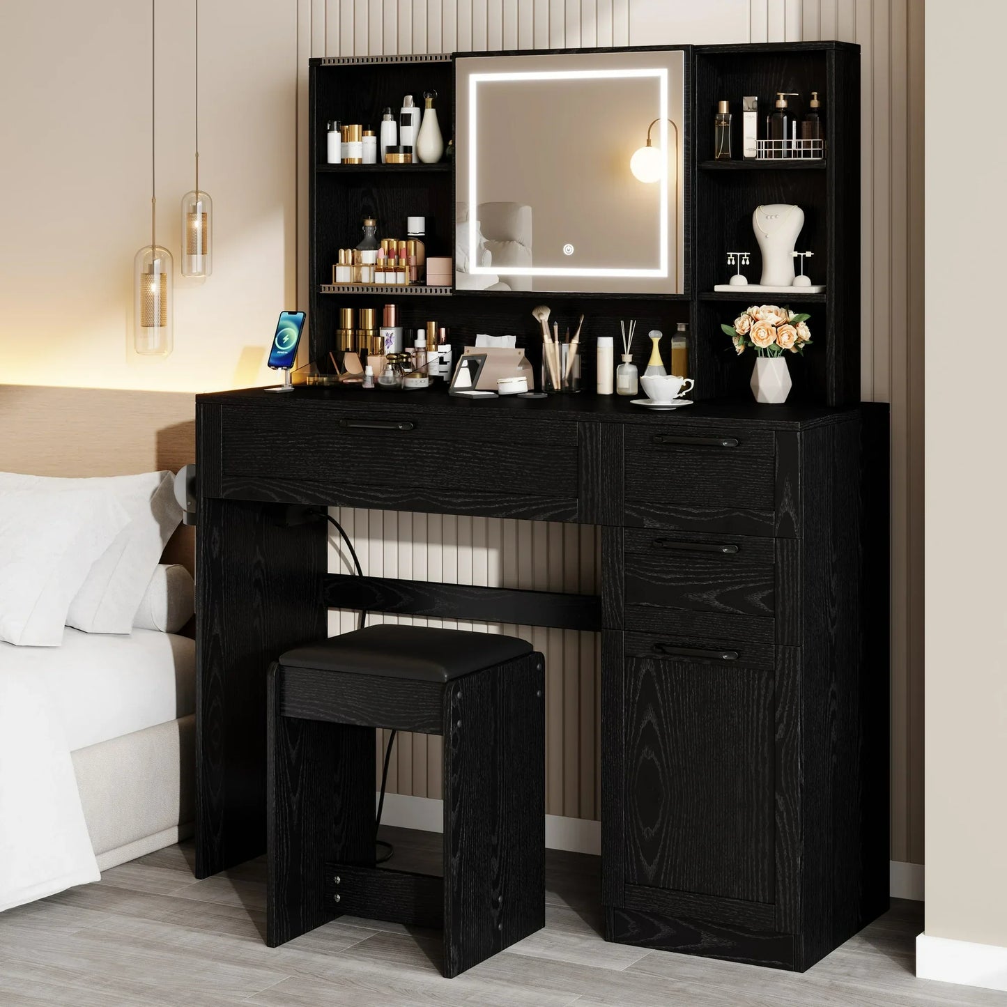 Sesslife Vanity Set with Sliding LED Light Mirror, Black Makeup Desk with Cushioned Stool, Charging Station, Drawers, Storage Cabinet and Hair Dryer Rack, Modern Dressing Table Set for Women Girls