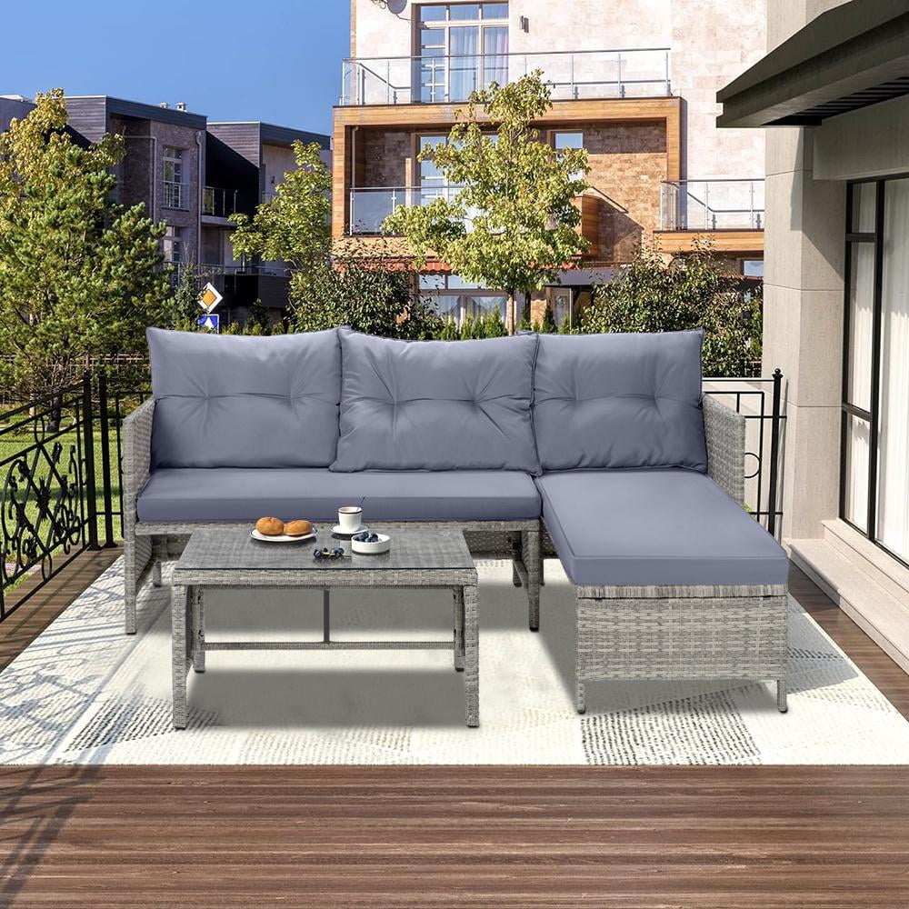 3 Piece Patio Furniture Set, All-Weather Outdoor Sectional Sofa Set, PE Rattan Conversation Set with Table & Cushions, Wicker Furniture Couch Set for Patio Deck Garden Poolside Yard
