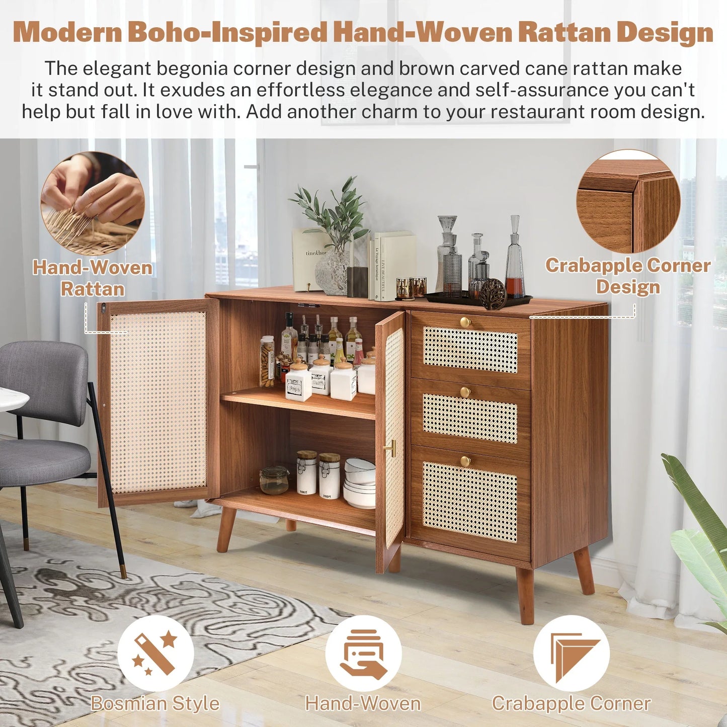 47" Rattan Buffet Sideboard with Storage, Segmart Storage Cabinet with 2 Doors and 3 Drawers, Farmhouse Coffee Bar Station Table, Modern Wood Cupboard for Kitchen, Livingroom and Dining Room