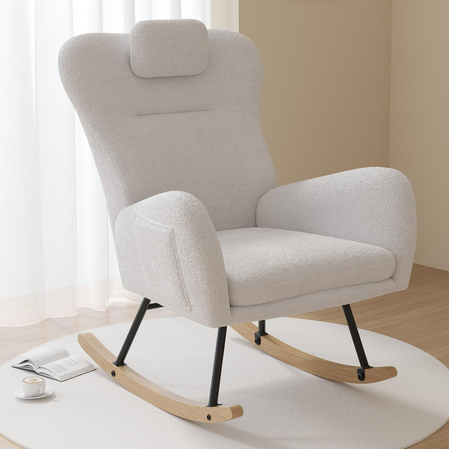 PAPROOS Modern Teddy Fabric Rocking Chair, Accent Rocker Chair with High Backrest for Nursery, Accent Glider Rocker for Living Room Bedroom Playroom，White