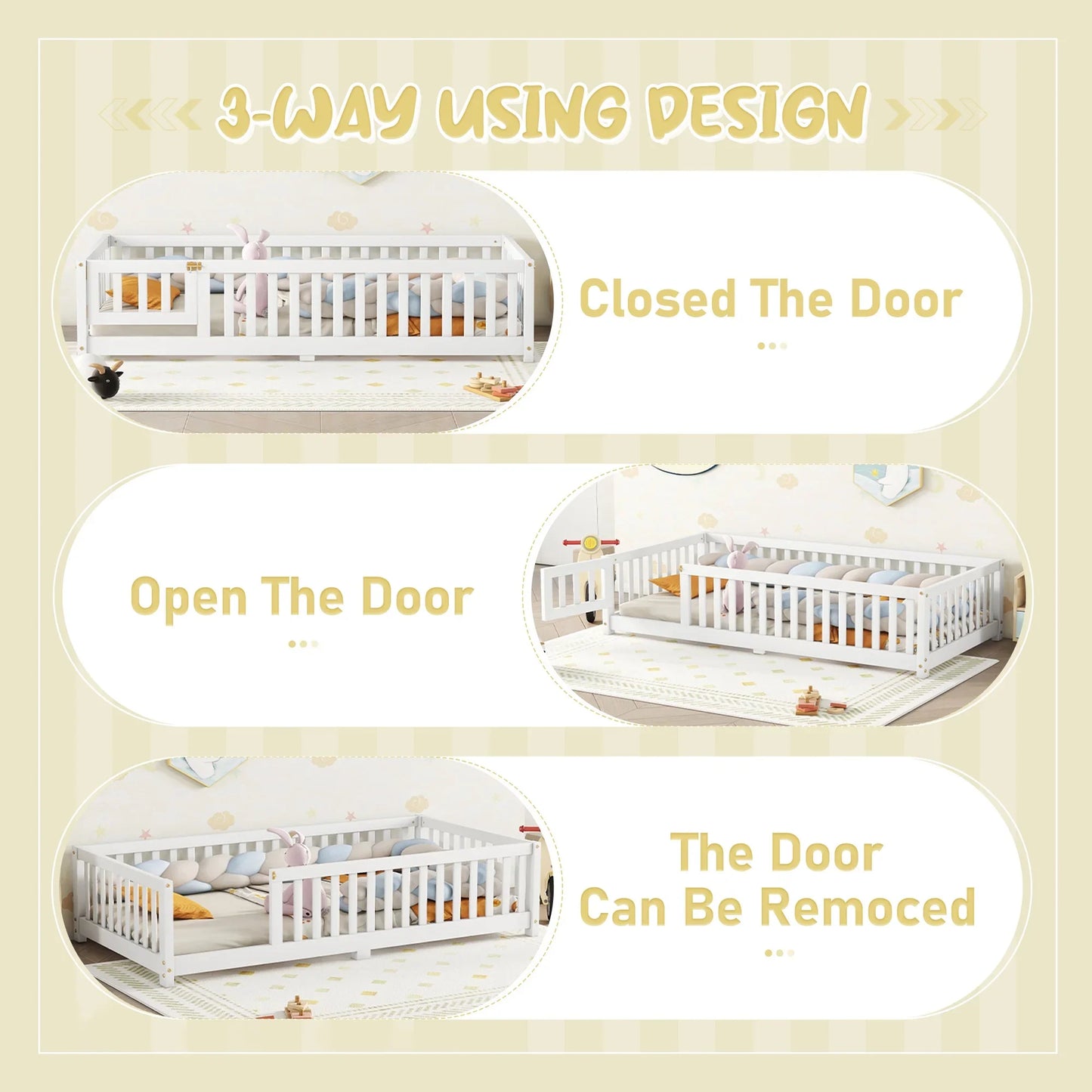 Segmart Wooden Twin Bed for Kids - Toddler Floor Bed Frame with Removable Guard Rails, Kids Bed for Ages 2-7 Years, Kid Bed for Girls and Boys, Standard Crib Size(Mattress Not Included), White