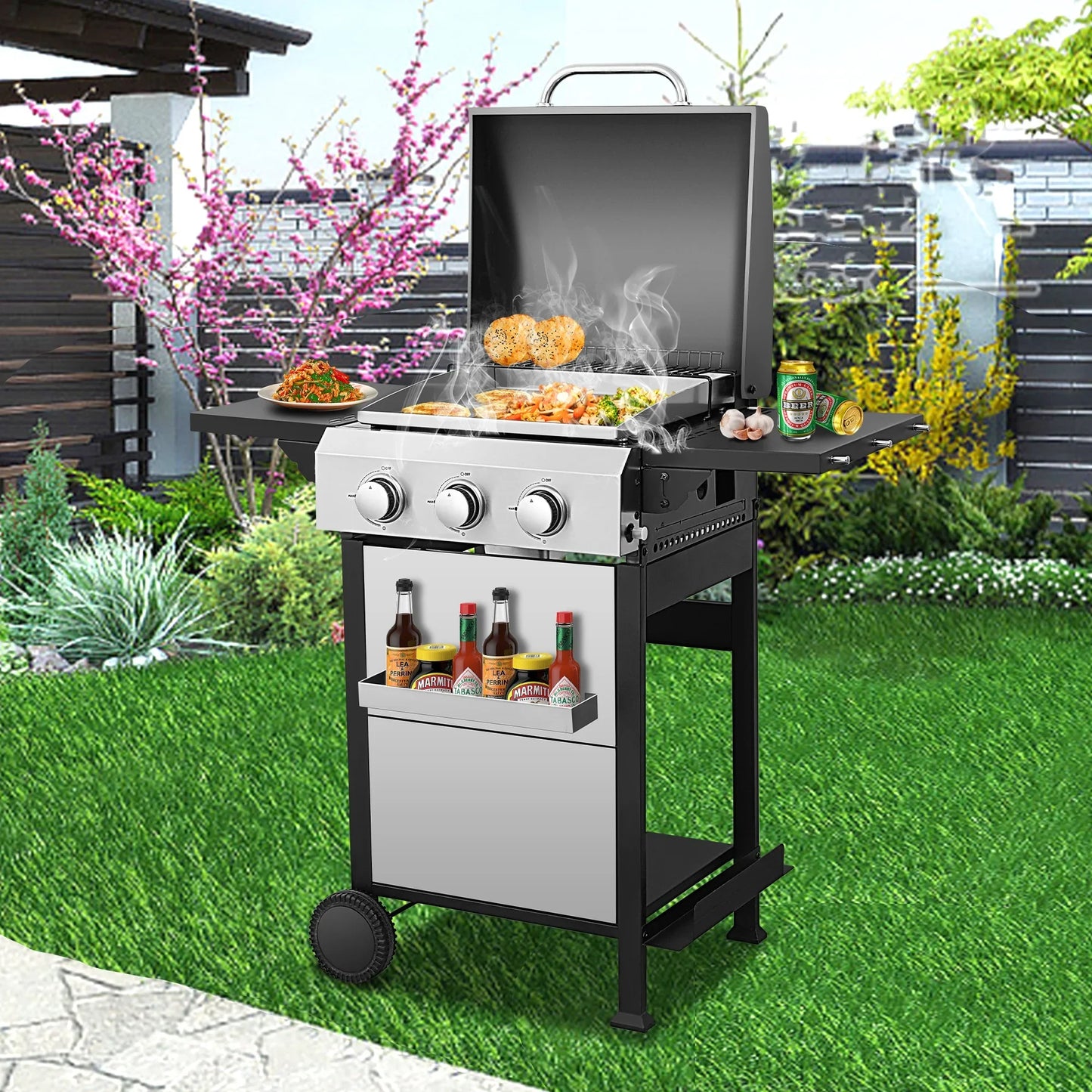 3 Burner Propane Gas Grill and Griddle Combo, Propane BBQ Grill with Foldable Side Table, Hanging Basket, and Tool Hooks for Backyard Camping Cooking, 2 in 1, 36,900BTU Output