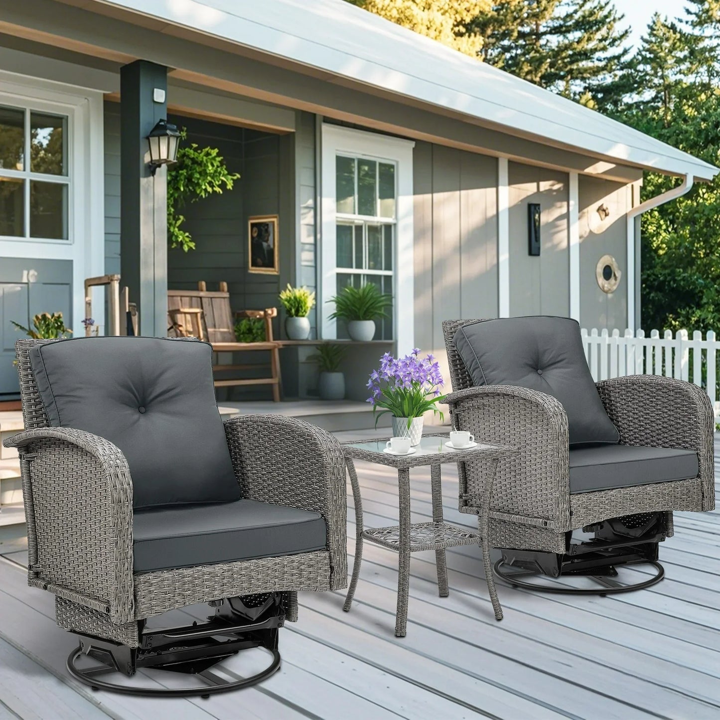 Patio Swivel Rocking Chairs Set, Segmart 3-Piece Outdoor 360° Rocking Patio Conversation Set with Thickened Cushions and Glass Coffee Table for Backyard, Max Weight 360 LBS, Gray