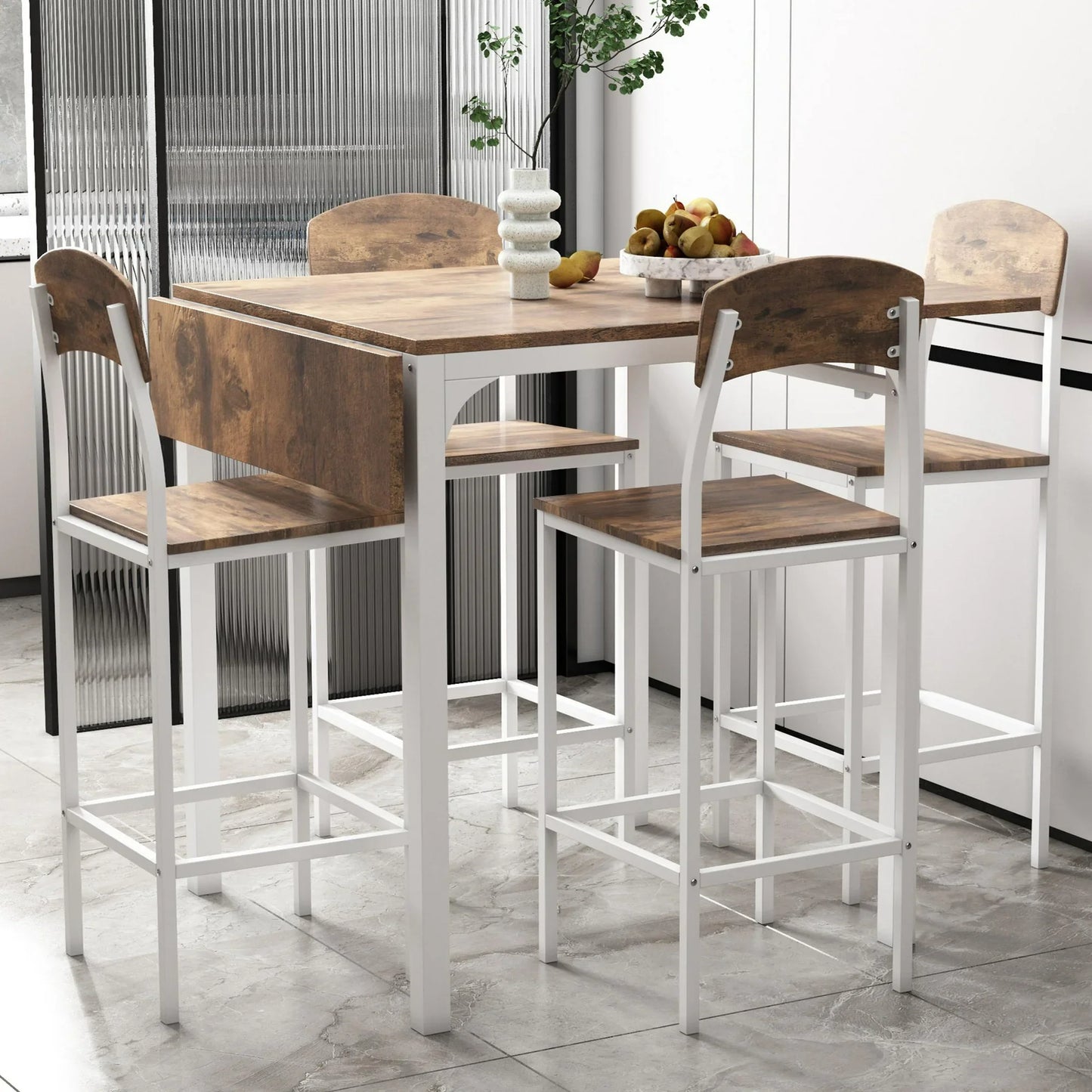 Sesslife 5 Piece Wooden Counter Height Dining Set, Drop Leaf Table with 4 Dining Chairs for Small Space, White+Brown