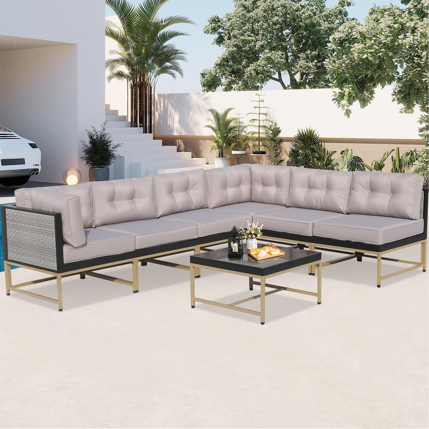 Patio Outdoor Furniture Sets, 7 Pieces All-Weather Rattan Sectional Sofa with Tea Table and Cushions, PE Rattan Wicker Sofa Couch Conversation Set for Garden Backyard Poolside