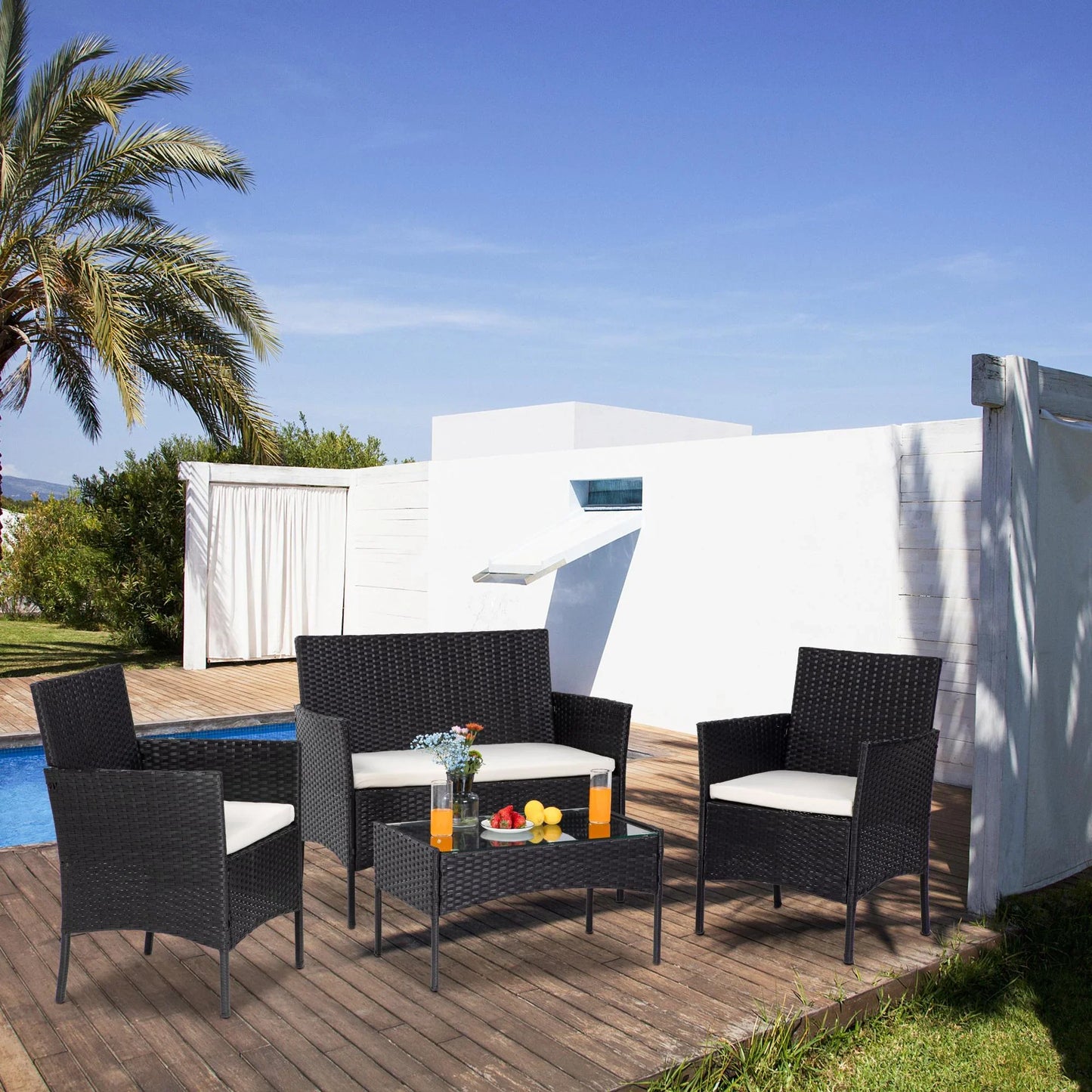 4 Pieces Outdoor Wicker Conversation Set, All-Weather Rattan Patio Furniture Sets with Arm Chairs, Tempered Glass Tabletop and Cushions, Sectional Sofa Set for Backyard, Garden, Poolside