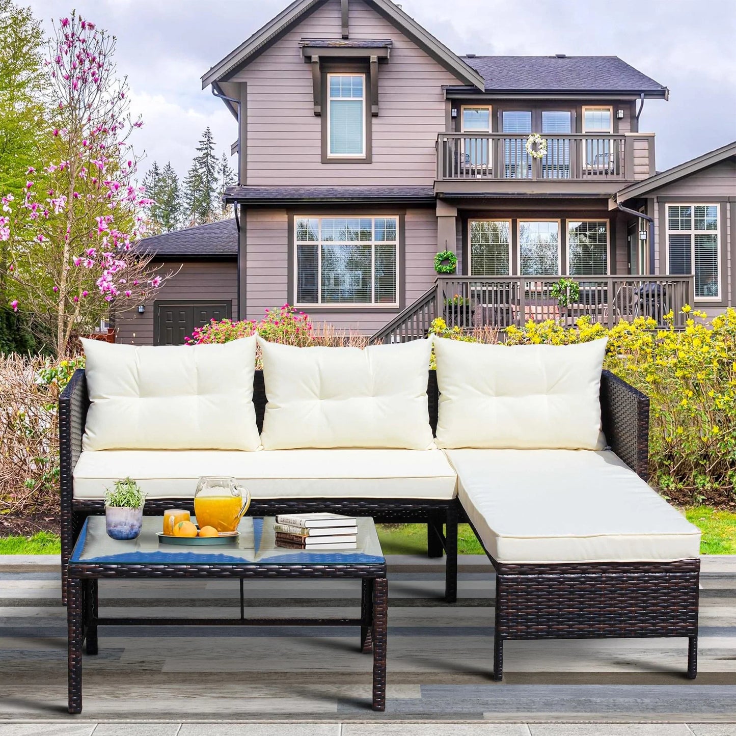 Segmart 3-Piece Outdoor Patio Furniture Sets, Wicker PE Rattan Conversation Loveseat Sofa Set with Tempered Glass Coffee Table, Sectional Couch for Porch Poolside Backyard, Beige, S8517