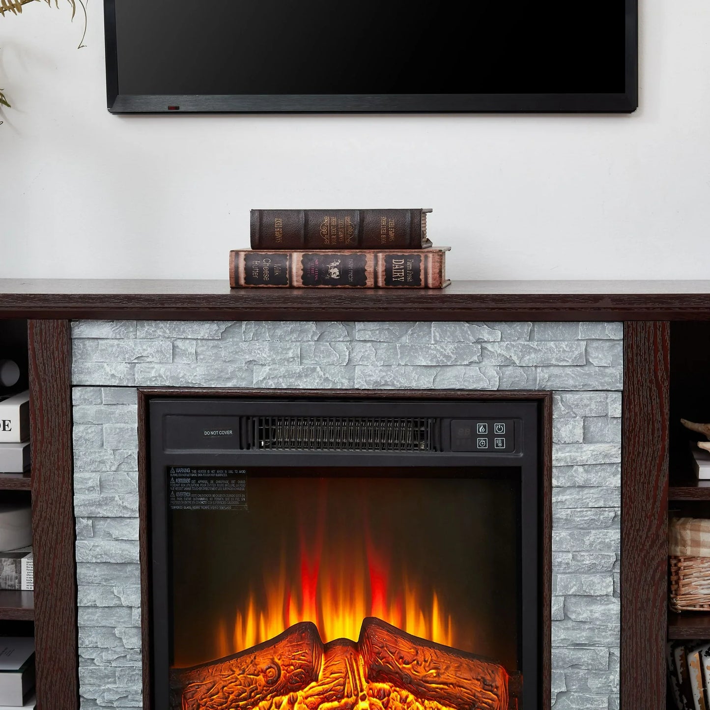 Sesslife Electric Fireplace TV Stand for 65" TVs, Farmhouse TV Console Table with Faux Stacked Stone Surrounded for Living Room, Wood Media Entertainment Center with Remote Control Fireplace, Cherry