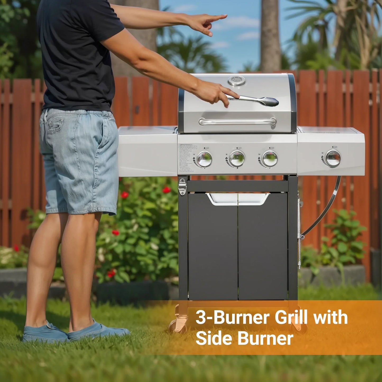 3 Burner Propane Gas Grill for Outdoor, 40500 BTU Barbecue Gas Grill with Thermometer, Stainless Steel BBQ Grill with Shelves & Wheels, Outdoor Cooking Grill for Patio, Garden, Backyard