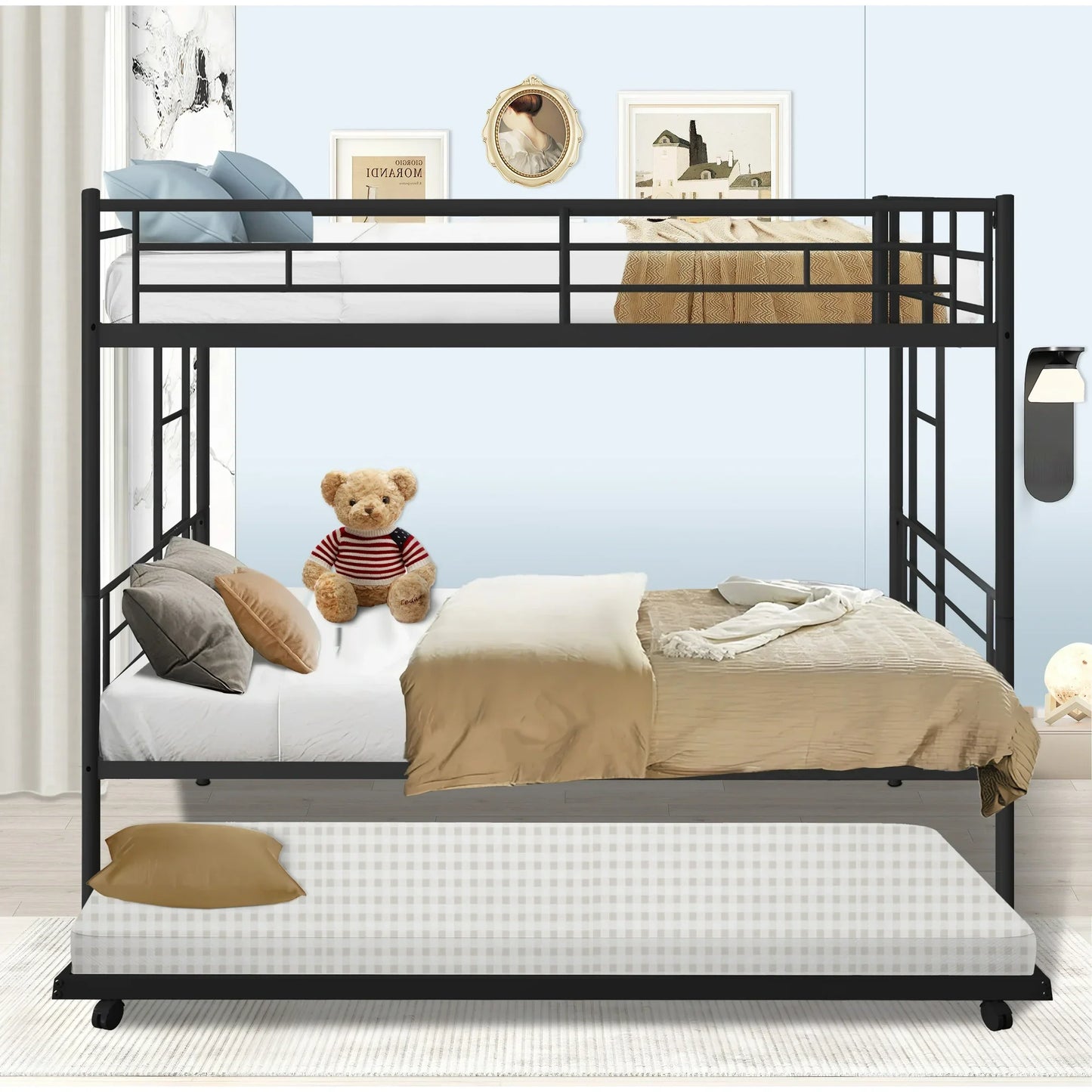 Twin Over Twin Bunk Bed with Trundle, Metal Twin Bed with Safety Guard Rail and Ladders, Space-Saving Design Sleeping Bedroom Bunk Bed for Boys, Girls, Kids, Young Teens and Adults, Easy Assembly, K92