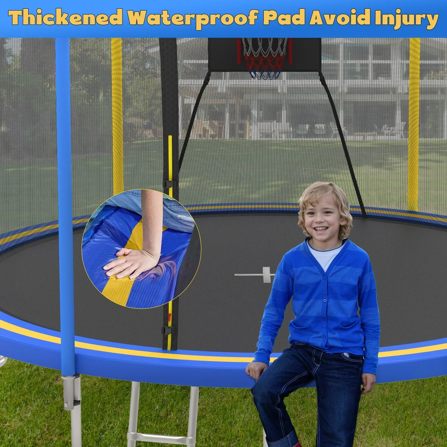 14ft Trampoline with Basketball Hoop, SEGMART Upgraded Round Kids Outdoor Trampoline with Enclosure, Heavy-Duty Backyard Trampoline for Adults and Kids, Blue