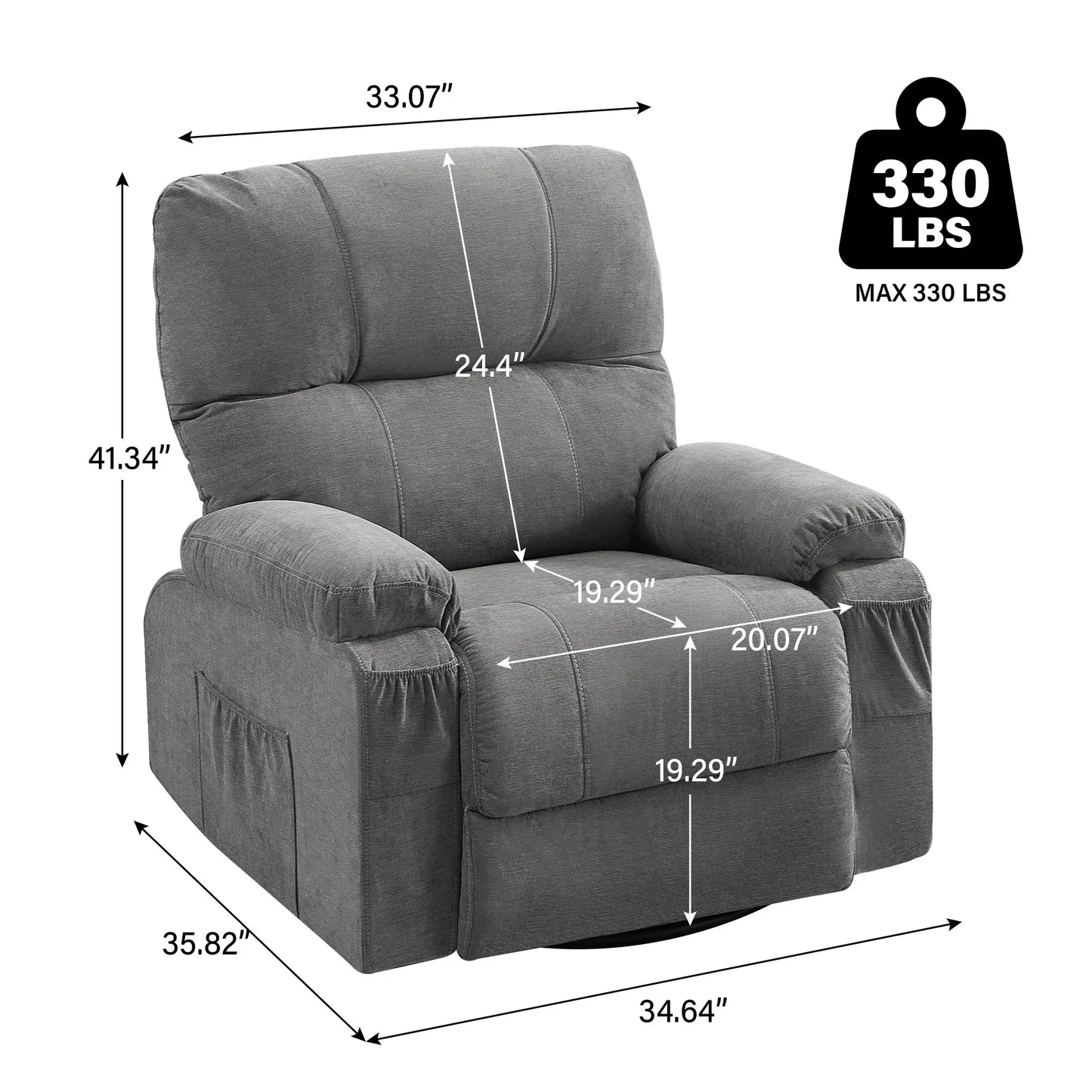 PAPROOS Swivel Rocking Recliner Chair, Linen Fabric Rocking Chair with Cup Holders and Side Pocket, 360 Degree Rotating Swing Recliner Sofa, Gray