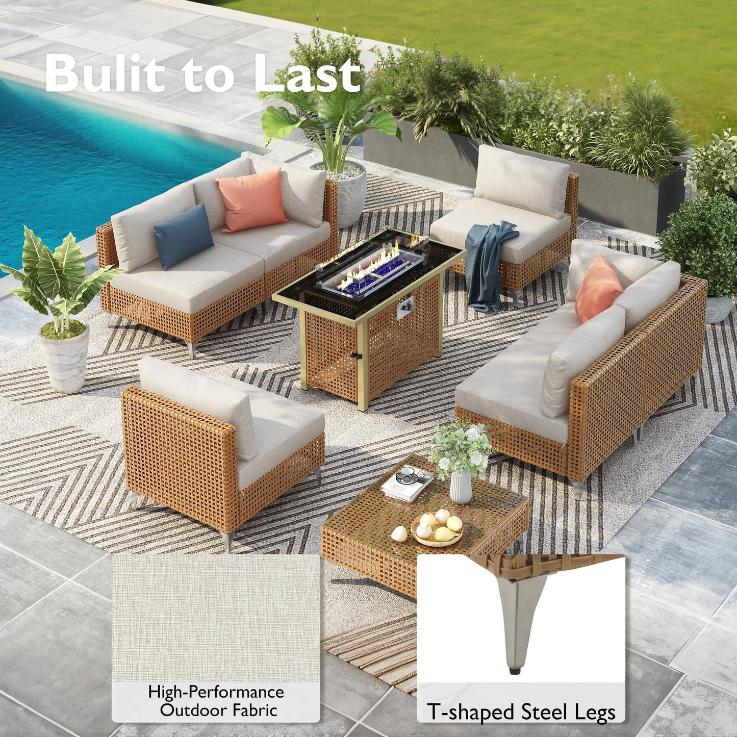 Wicker Sectional Table and Chairs Sets, 7 Pieces Outdoor Wicker Patio Furniture Set with Sectional L-Shaped Chaise Longue, Armchair, Tempered Glass Table for Porch Backyard Garden, Beige