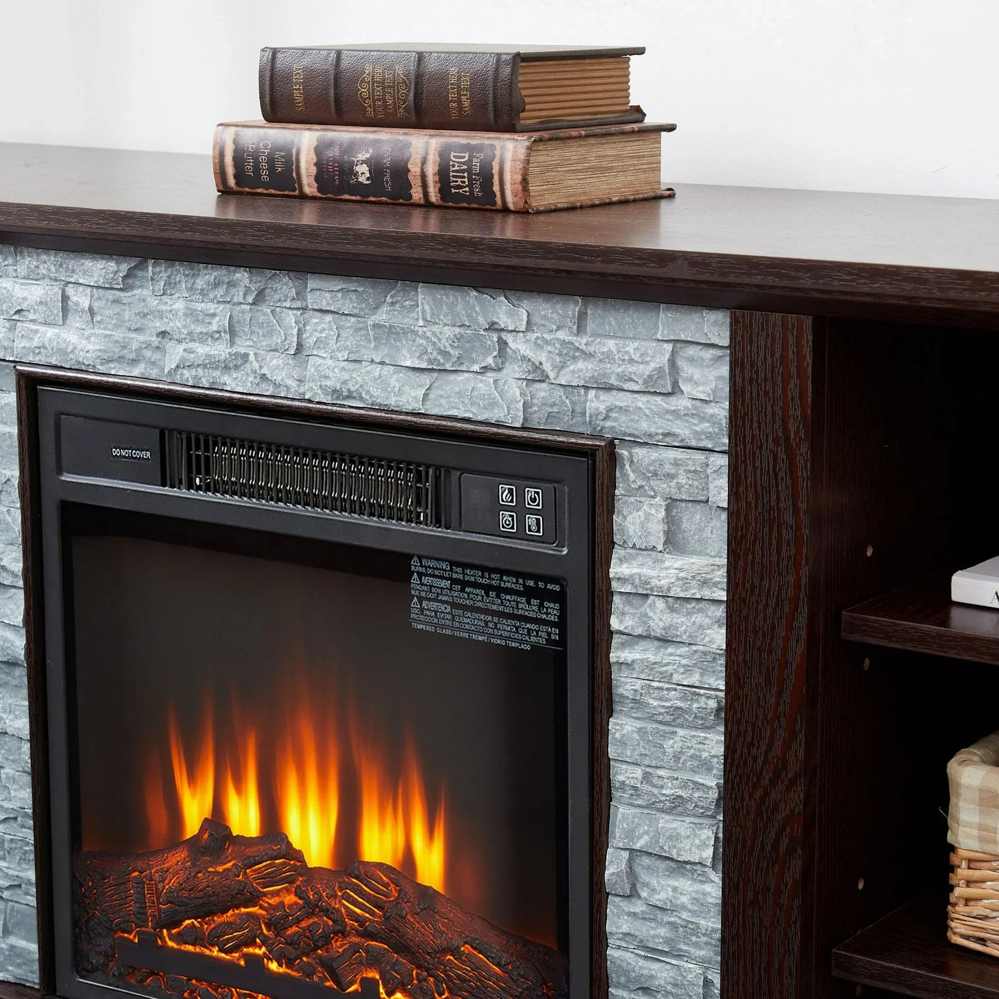 Sesslife Electric Fireplace TV Stand for 65" TVs, Farmhouse TV Console Table with Faux Stacked Stone Surrounded for Living Room, Wood Media Entertainment Center with Remote Control Fireplace, Cherry