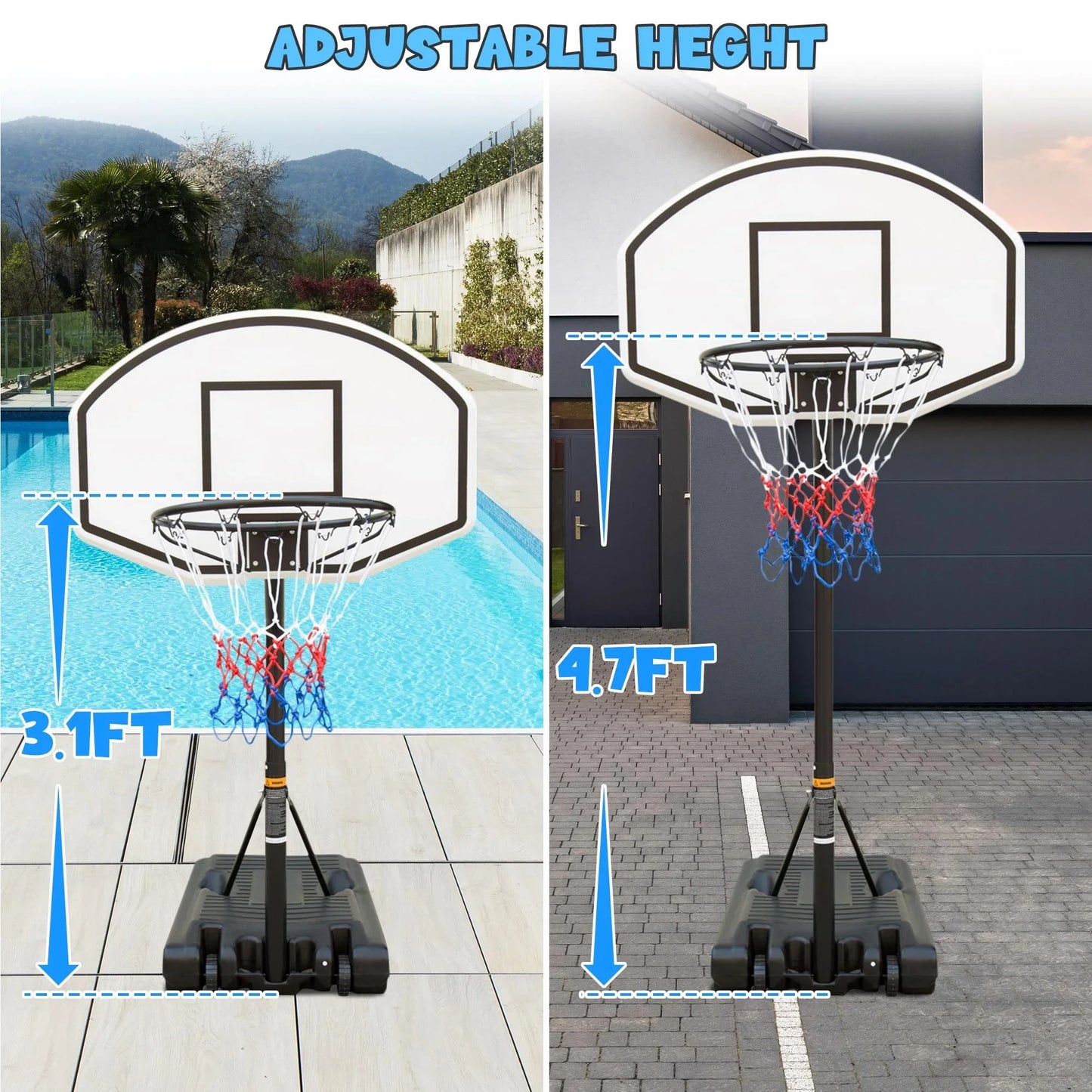 Segmart Portable Poolside Basketball Hoop, 3.1 ft to 4.7 ft Adjustable Height, Outdoor Basketball Hoop with 36" Backboard, Black