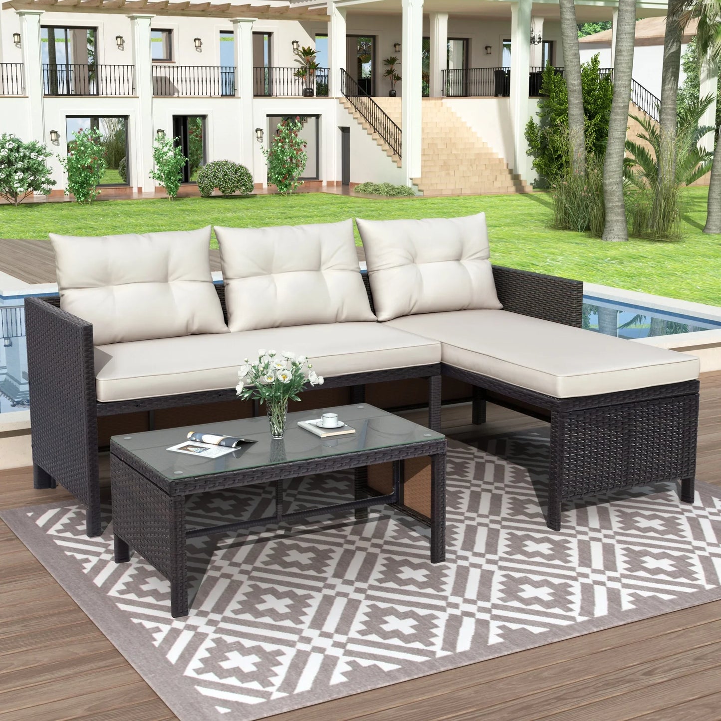 3 Pieces Patio Furniture Sectional Set, Outdoor Furniture Set with Two-Seater Sofa, Lounge Sofa, Table & Cushion, PE Rattan Wicker Bistro Set, Conversation Set for Garden, Backyard