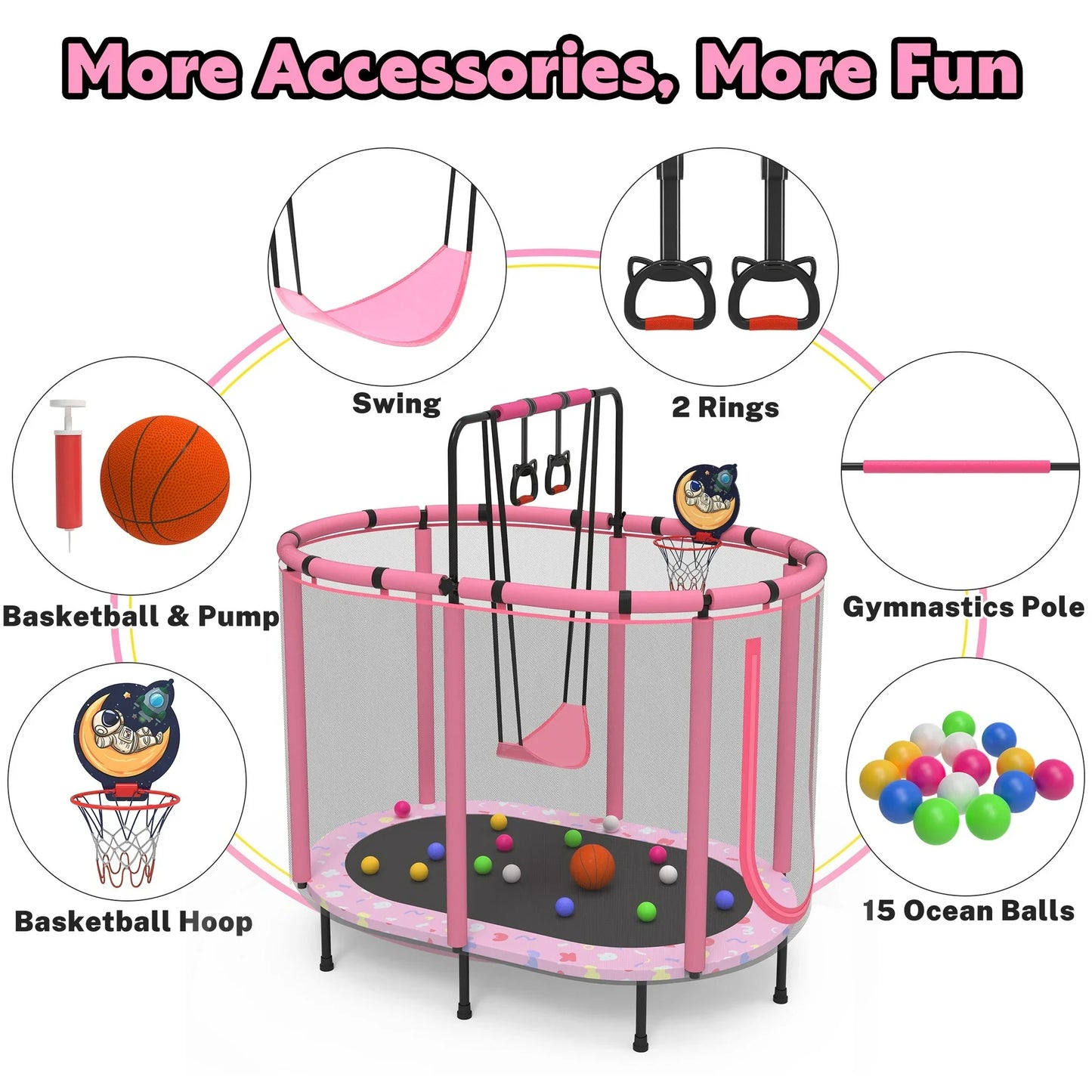 60" Toddler Trampoline with Safety Enclosure Net, SEGMART Upgraded Kids Trampoline with Basketball Hoop, Swing, Rings, Balls, Indoor Outdoor Mini Trampoline Birthday Gift for Kids Ages 3-9