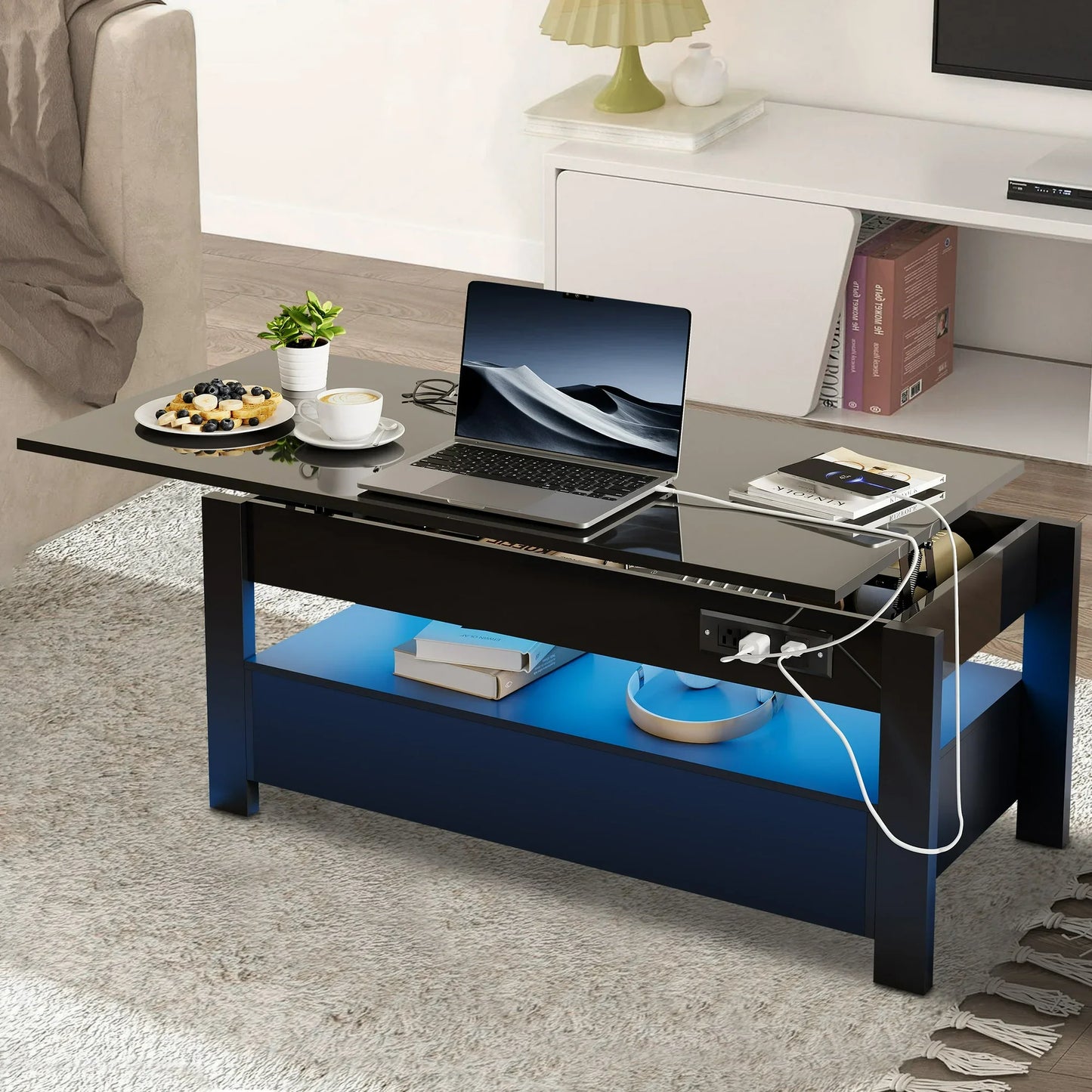 Sesslife Lift Top Coffee Table with Storage, LED Coffee Table with 2 Drawers and Hidden Compartment, High Gloss Rectangular Modern Center Table with Charging Station for Living Room, Black