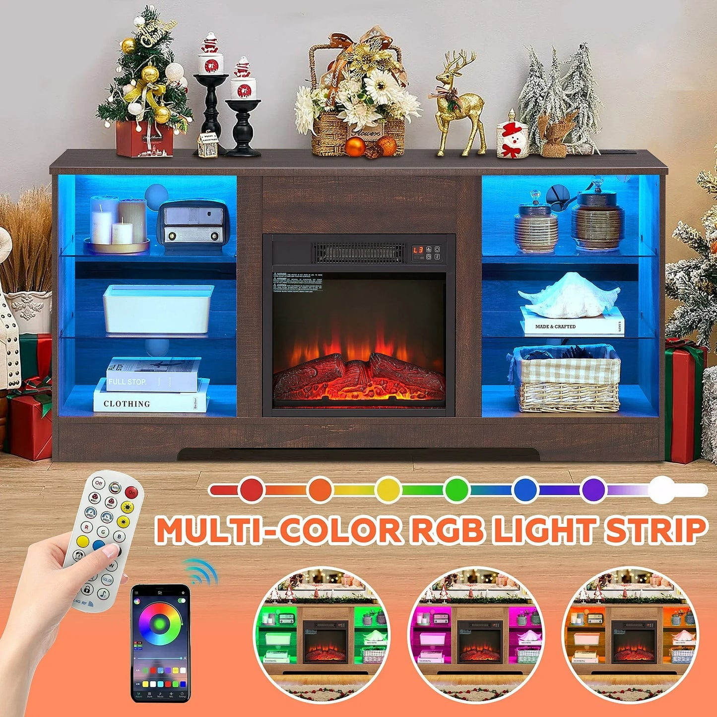 Sesslife Fireplace TV Stand with LED Light for 65 Inch TV, Farmhouse TV Console with Electric Fireplace, Console Entertainment Center Television Table with Charging Station for Living Room, Brown