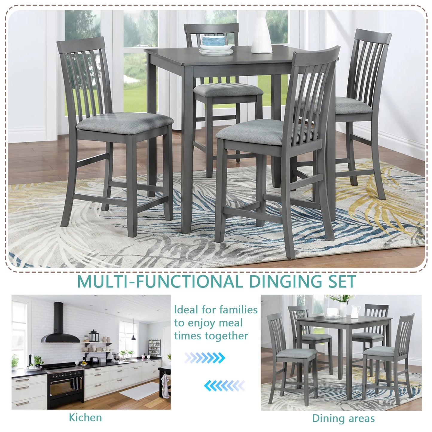 Sesslife 5 Piece Wooden Counter Height Dining Set, Square Table with 4 Upholstered Chairs for Small Space, Gray
