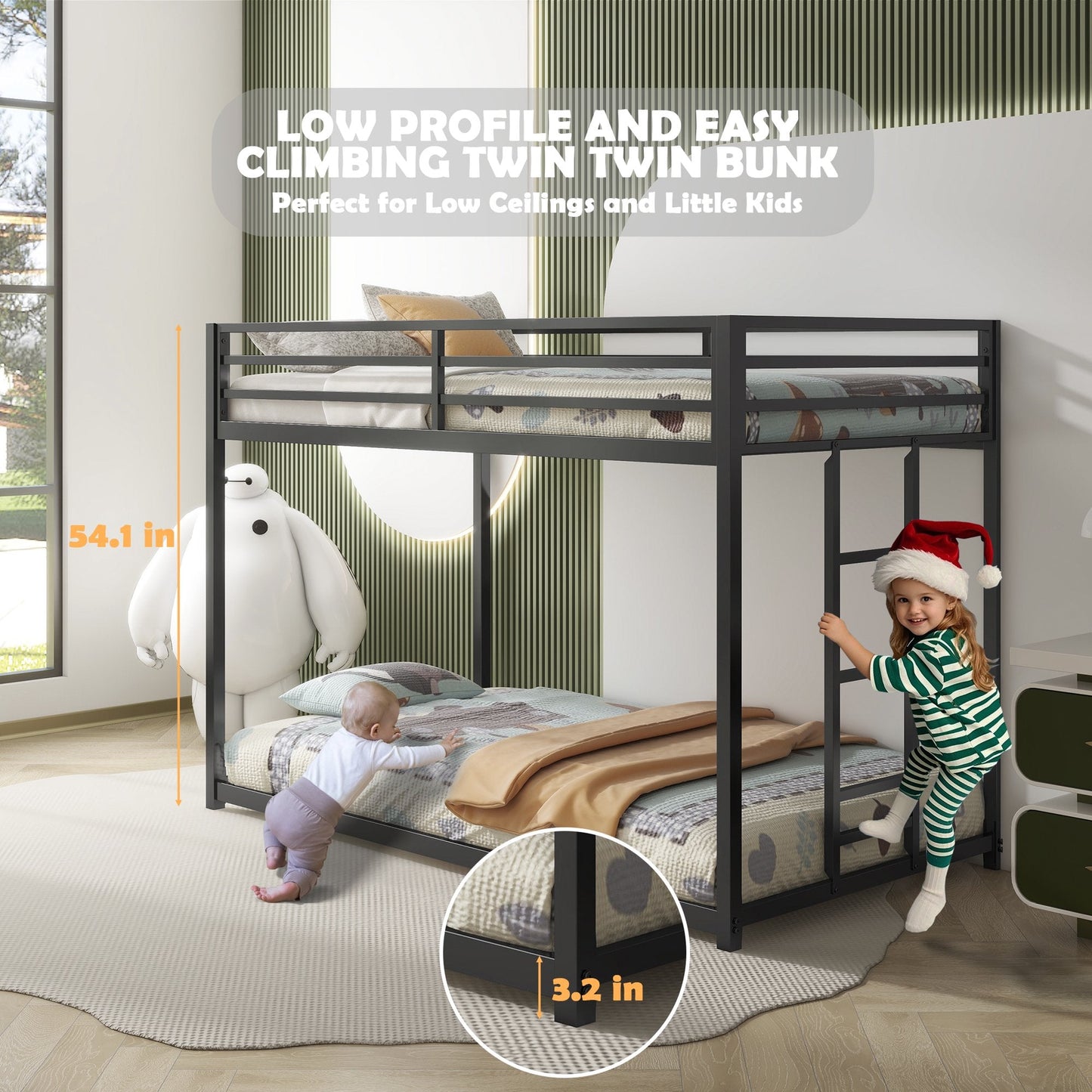 Sesslife Metal Twin Over Twin Bunk Beds, Heavy Duty Bed Frame with Ladder and Safety Full-Length Guardrails, Low Profile Junior Bunk Bed for Kids Teens Adults, Noise-Free, No Box Spring Needed, Black